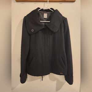 Roxy Black Wool-Blend Pea Coat with Wide Button Collar